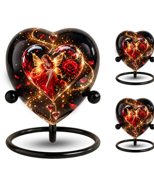 Heart Shaped Fairy Rose Urn for Ashes, Red Rose Cremation Urn