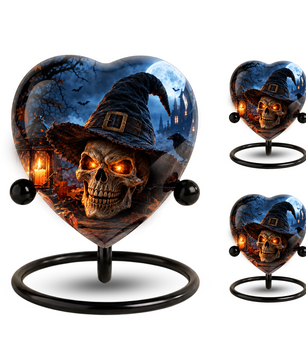 Halloween Skull Cremation Urn for Ashes, Witch Hat Heart Urn, Gothic Memorial Urn, Spooky Halloween Urn, Personalized Skull Urn