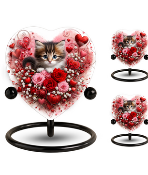 Personalized Cat Urn for Ashes – Heart-Shaped Kitten & Rose Memorial, Custom Pet Urn for Cat