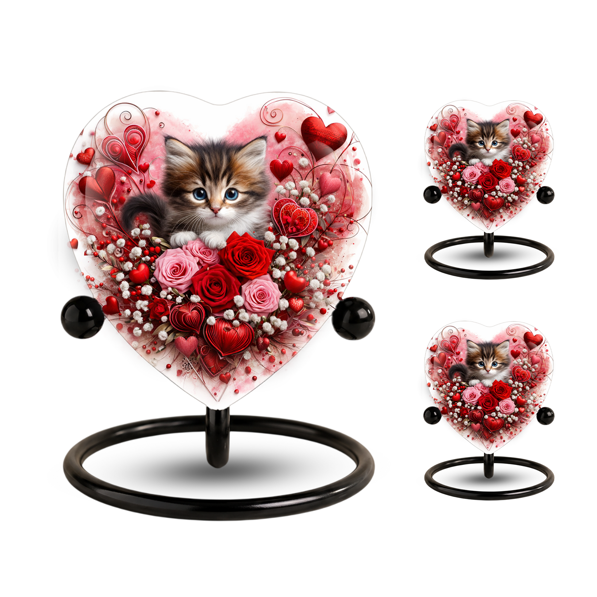 Personalized Cat Urn for Ashes – Heart-Shaped Kitten & Rose Memorial, Custom Pet Urn for Cat