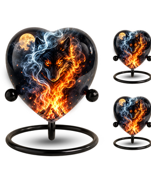 Fire and Ice Wolf Adult Urn for Ashes, Fiery Wolf Memorial Urn, Black Wolf Cremation Urn