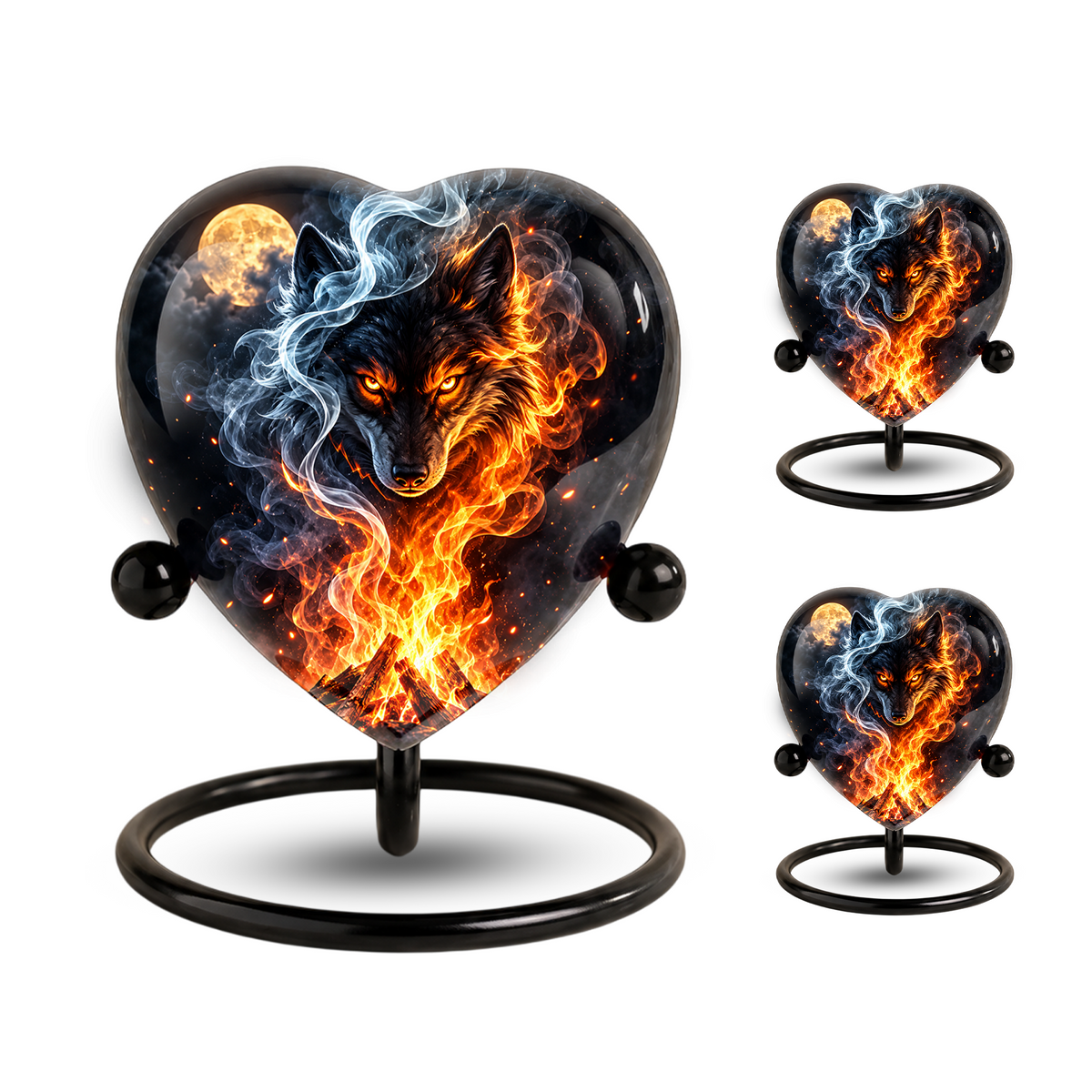 Fire and Ice Wolf Adult Urn for Ashes, Fiery Wolf Memorial Urn, Black Wolf Cremation Urn