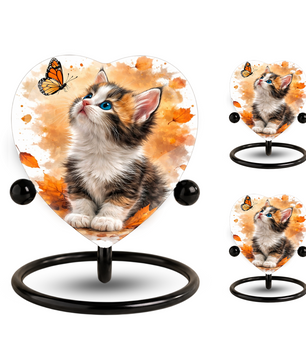 Personalized Cat Urn for Ashes – Autumn Kitten Butterfly Memorial Pet Urn