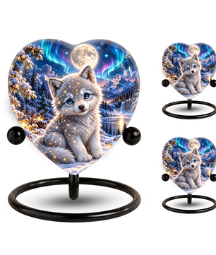 Heart Shaped Wolf Urn for Ashes, White Wolf Puppy Cremation Urn, Northern Lights Pet Memorial Urn