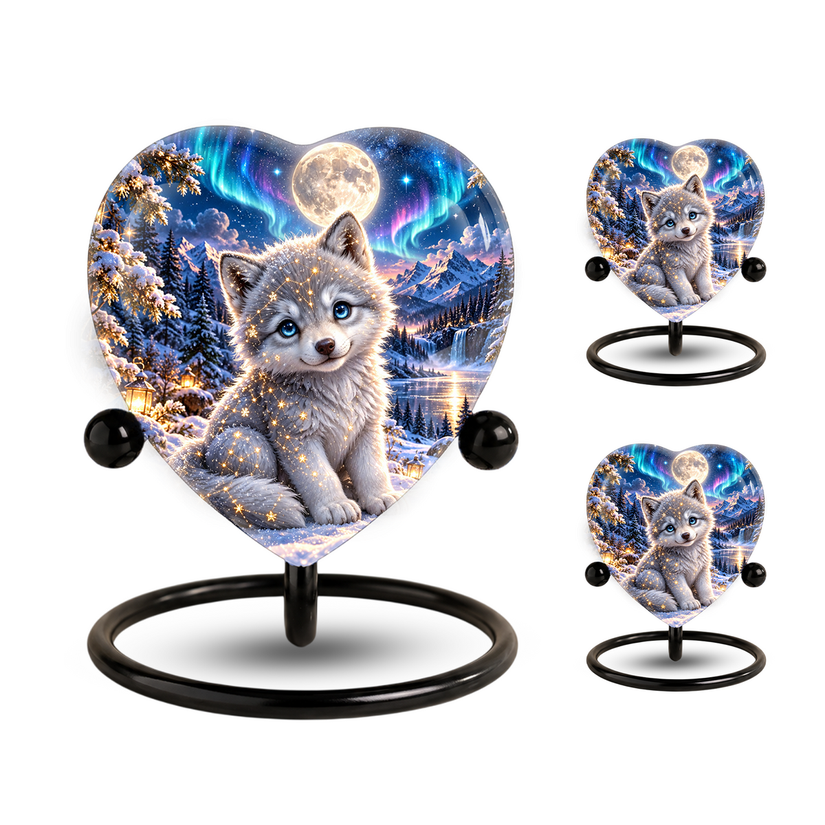 Heart Shaped Wolf Urn for Ashes, White Wolf Puppy Cremation Urn, Northern Lights Pet Memorial Urn