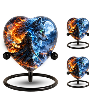 Wolf Adult Urn for Ashes, Fire and Ice Wolf Memorial Urn, Blue Moon Fantasy Cremation Urn