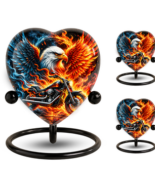 Heart Shaped Eagle Motorcycle Urn for Ashes, Phoenix Fire Cremation Urn, Biker Memorial Urn for Human Ashes