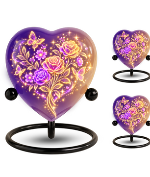 Purple Rose Butterfly Adult Cremation Urn for Ashes, Personalized Floral Adult Urn, Heart Memorial Urn, Rose & Butterfly Cremation Urn