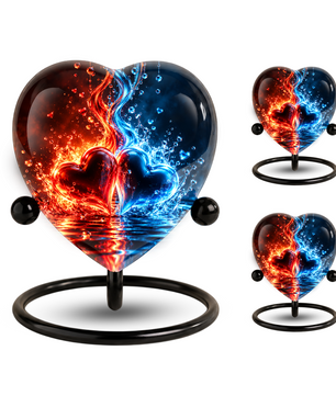 Heart Shaped Red and Blue Hearts Urn for Ashes, Flame Cremation Urn, Romantic Love Memorial Urn for Human Ashes