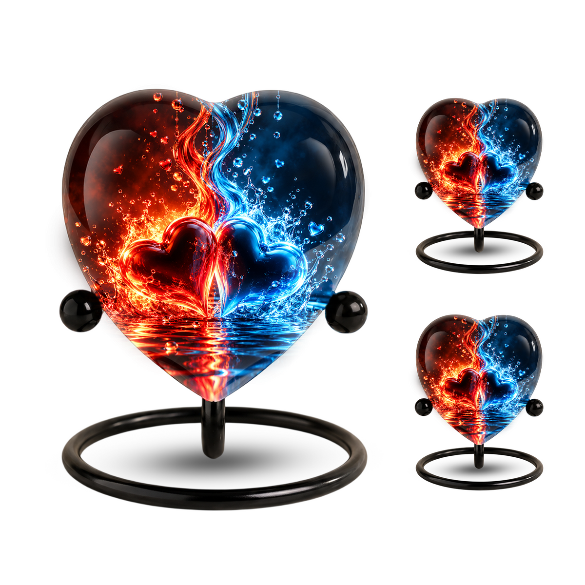 Heart Shaped Red and Blue Hearts Urn for Ashes, Flame Cremation Urn, Romantic Love Memorial Urn for Human Ashes