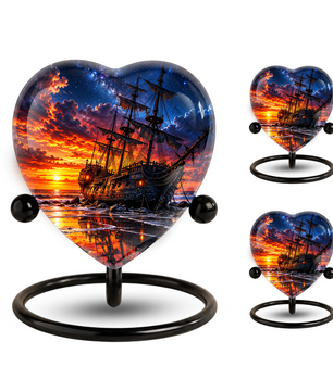 Pirate Ship Heart Cremation Urn for Ashes, Personalized Adult Memorial Urn, Nautical Urn for Men