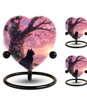 Cherry Blossom Cat Memorial Urn – Black Cat Sunset Heart Urn,Cat Memorial Keepsake Urn for Ashes