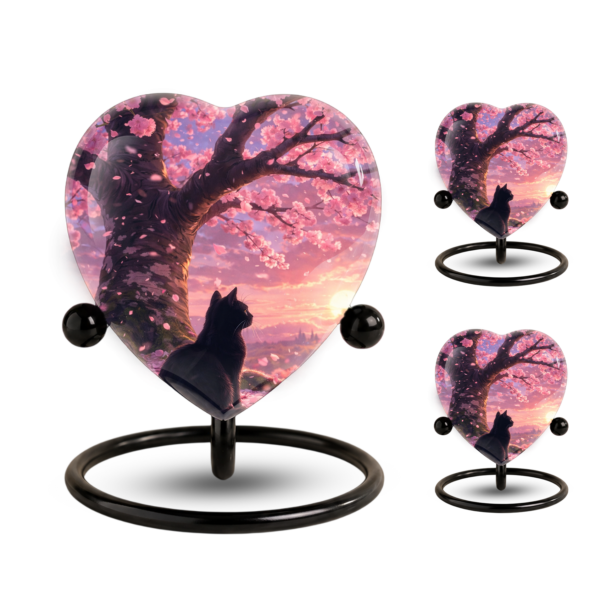 Cherry Blossom Cat Memorial Urn – Black Cat Sunset Heart Urn,Cat Memorial Keepsake Urn for Ashes