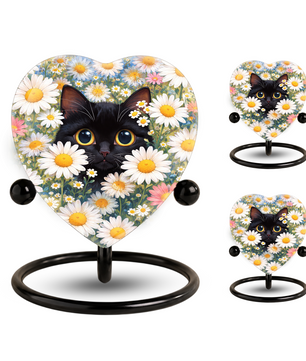 Personalized Black Cat Urn for Ashes – Heart-Shaped White Daisy Memorial,Floral Cat Cremation Urn