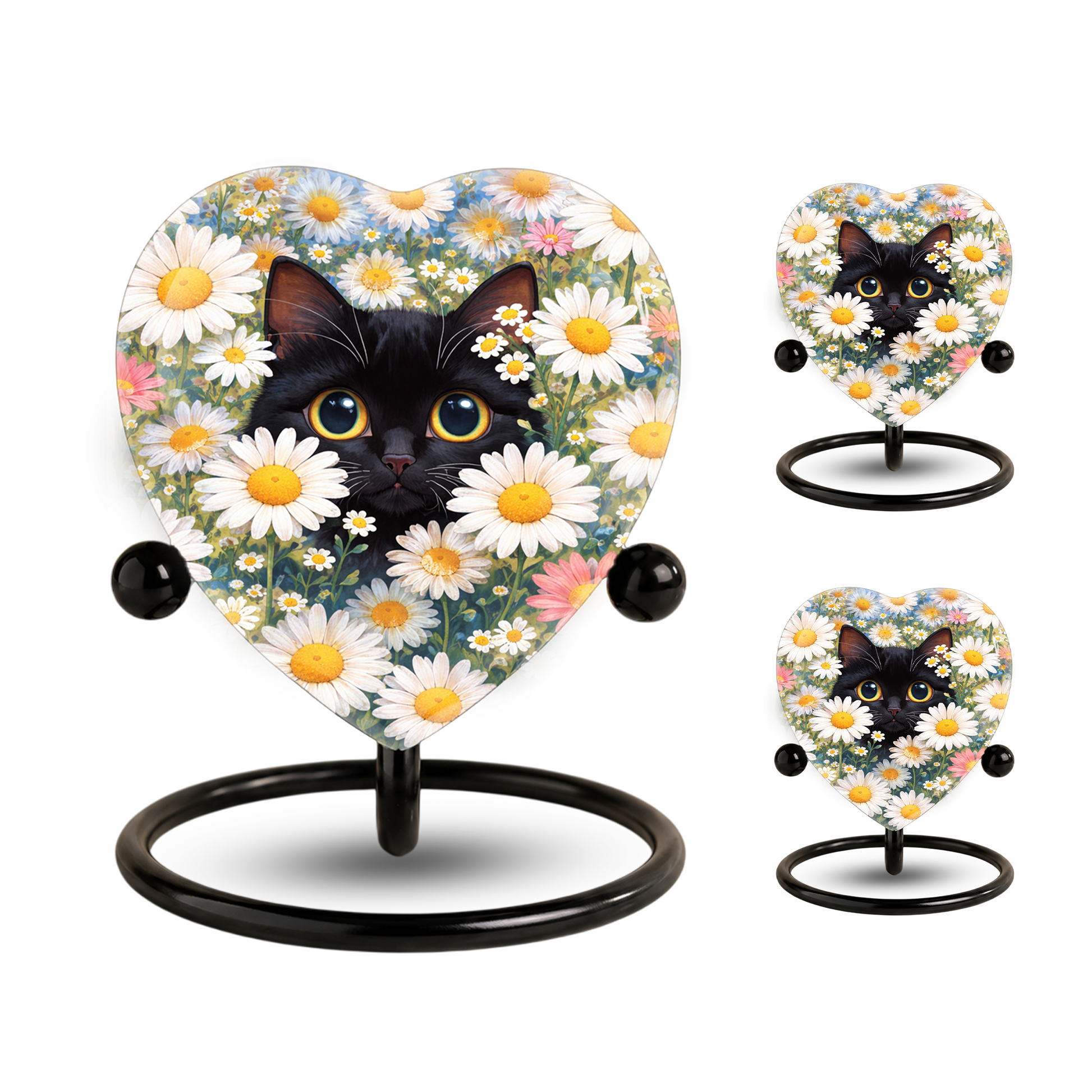 Personalized Black Cat Urn for Ashes – Heart-Shaped White Daisy Memorial,Floral Cat Cremation Urn
