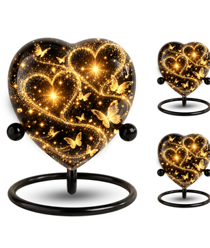 Butterfly Adult Urn for Ashes, Gold Heart Memorial Urn, Elegant Adult Cremation Urn