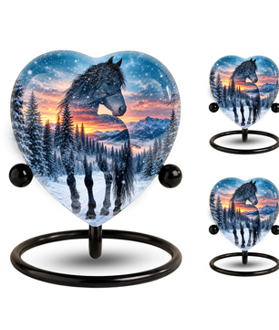 Heart Shaped Horse Urn for Ashes, Winter Mountain Sunset Cremation Urn