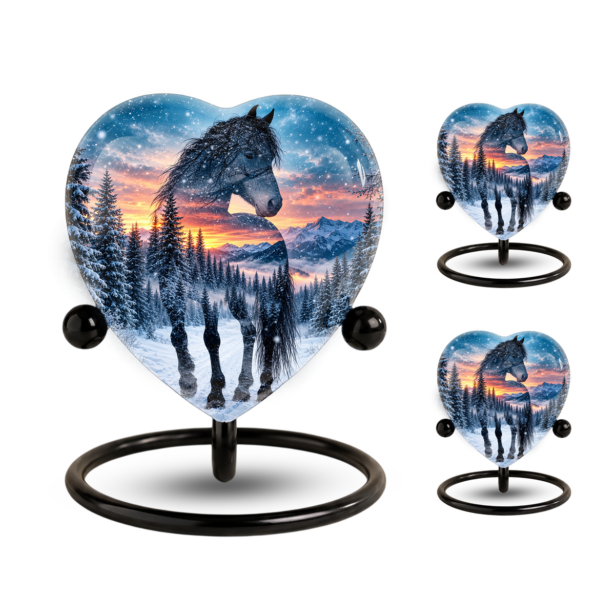 Heart Shaped Horse Urn for Ashes, Winter Mountain Sunset Cremation Urn