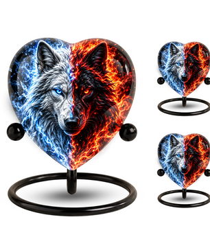 Wolf Heart Cremation Urn for Ashes, Personalized Adult Memorial Urn, White and Black Wolf Urn,