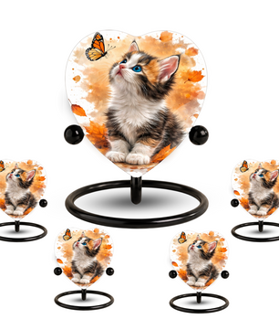 Personalized Cat Urn for Ashes – Autumn Kitten Butterfly Memorial Pet Urn