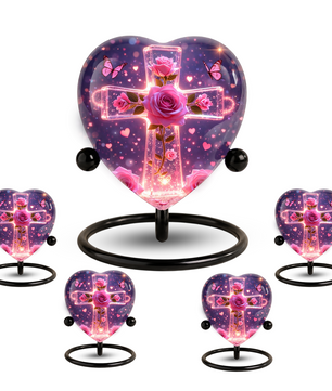 Rose Cross Adult Urn for Ashes, Pink Rose Memorial Adult Cremation Urn, Heart Shaped Urn for Adult Ashes,