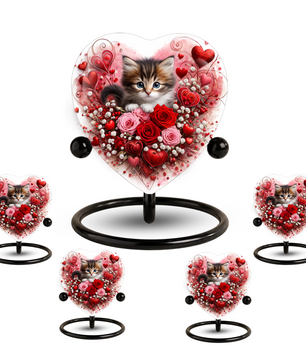Personalized Cat Urn for Ashes – Heart-Shaped Kitten & Rose Memorial, Custom Pet Urn for Cat
