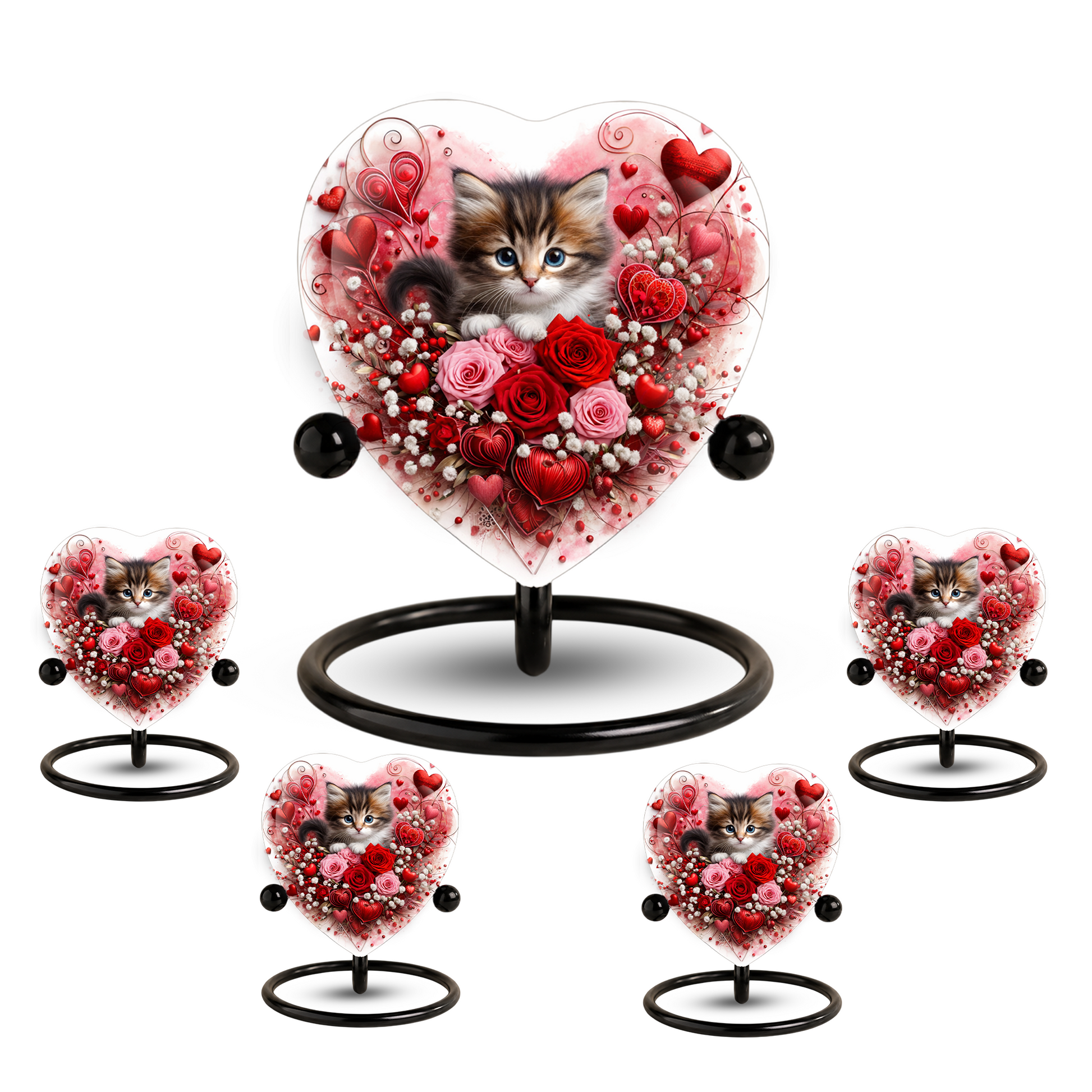 Personalized Cat Urn for Ashes – Heart-Shaped Kitten & Rose Memorial, Custom Pet Urn for Cat