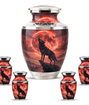 Howling Wolf Cremation Urn for Men, Red Moon Custom Memorial Urn for Father