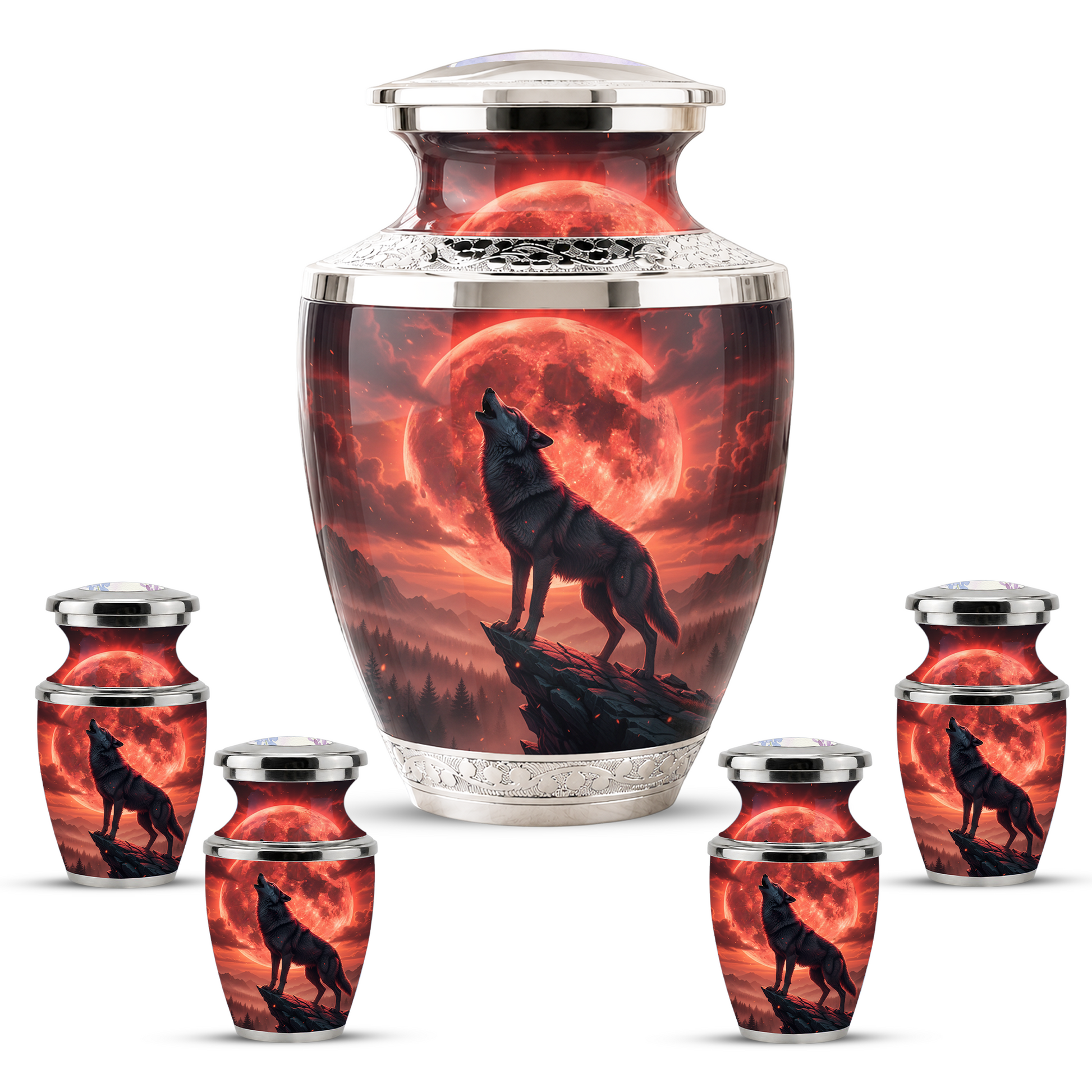 Howling Wolf Cremation Urn for Men, Red Moon Custom Memorial Urn for Father