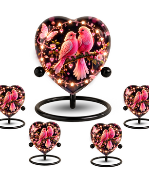 Heart Shaped Pink Birds Urn for Ashes, Butterfly Cremation Urn, Romantic Love Birds Memorial Urn for Human Ashes
