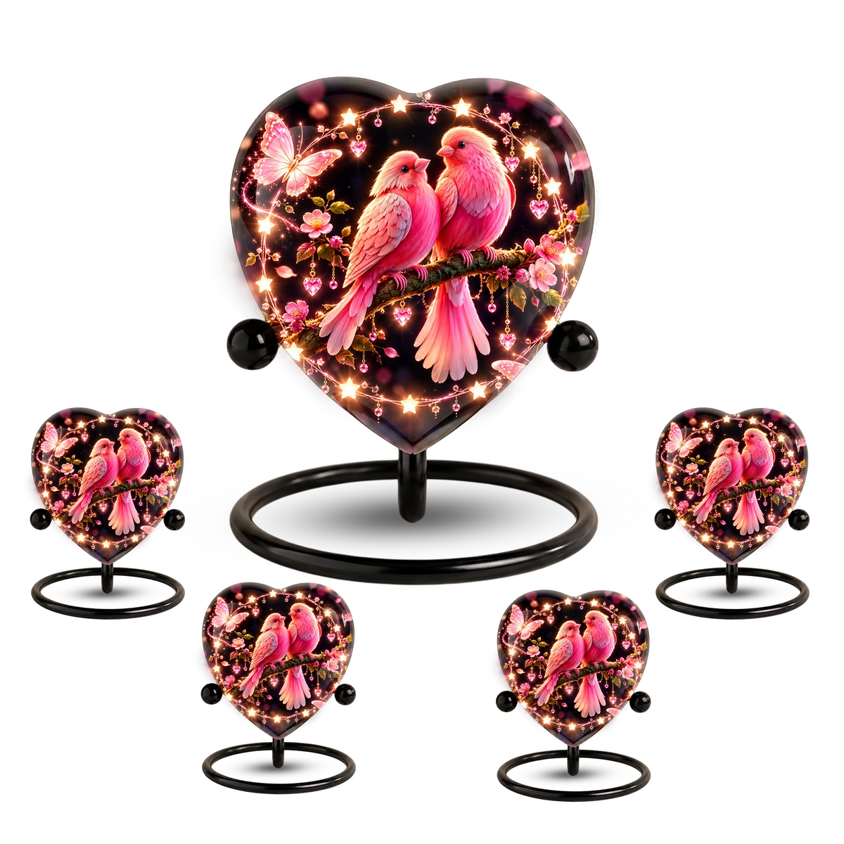Heart Shaped Pink Birds Urn for Ashes, Butterfly Cremation Urn, Romantic Love Birds Memorial Urn for Human Ashes