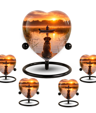 Sunset Fishing Dog Adult Urn for Human Ashes – Heart-Shaped Lake Memorial Adult Cremation Urn