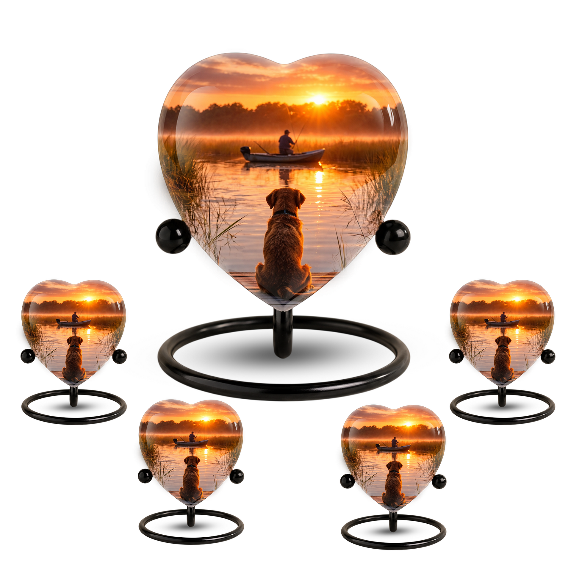 Sunset Fishing Dog Adult Urn for Human Ashes – Heart-Shaped Lake Memorial Adult Cremation Urn