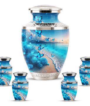 Blue Butterfly Beach Urn for Mom, Ocean Cremation Urn for Women, Butterfly Memorial Keepsake