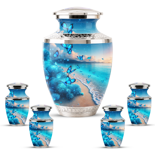 Blue Butterfly Beach Urn for Mom, Ocean Cremation Urn for Women, Butterfly Memorial Keepsake