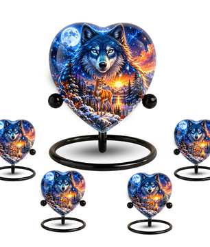 Wolf and Deer Adult Urn for Ashes, Blue Wolf and Fawn Memorial Urn, Celestial Wildlife Cremation Urn