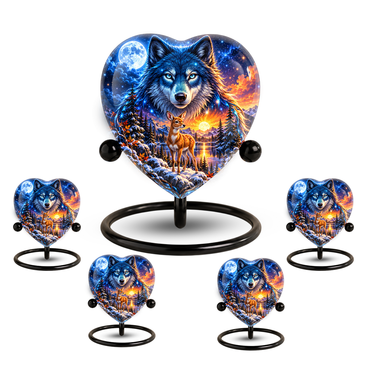 Wolf and Deer Adult Urn for Ashes, Blue Wolf and Fawn Memorial Urn, Celestial Wildlife Cremation Urn
