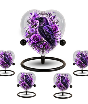 Purple Raven Heart Cremation Urn for Ashes, Crow Memorial Urn, Purple Floral Urn, Raven Urn for Ashes, Personalized Heart Cremation Urn
