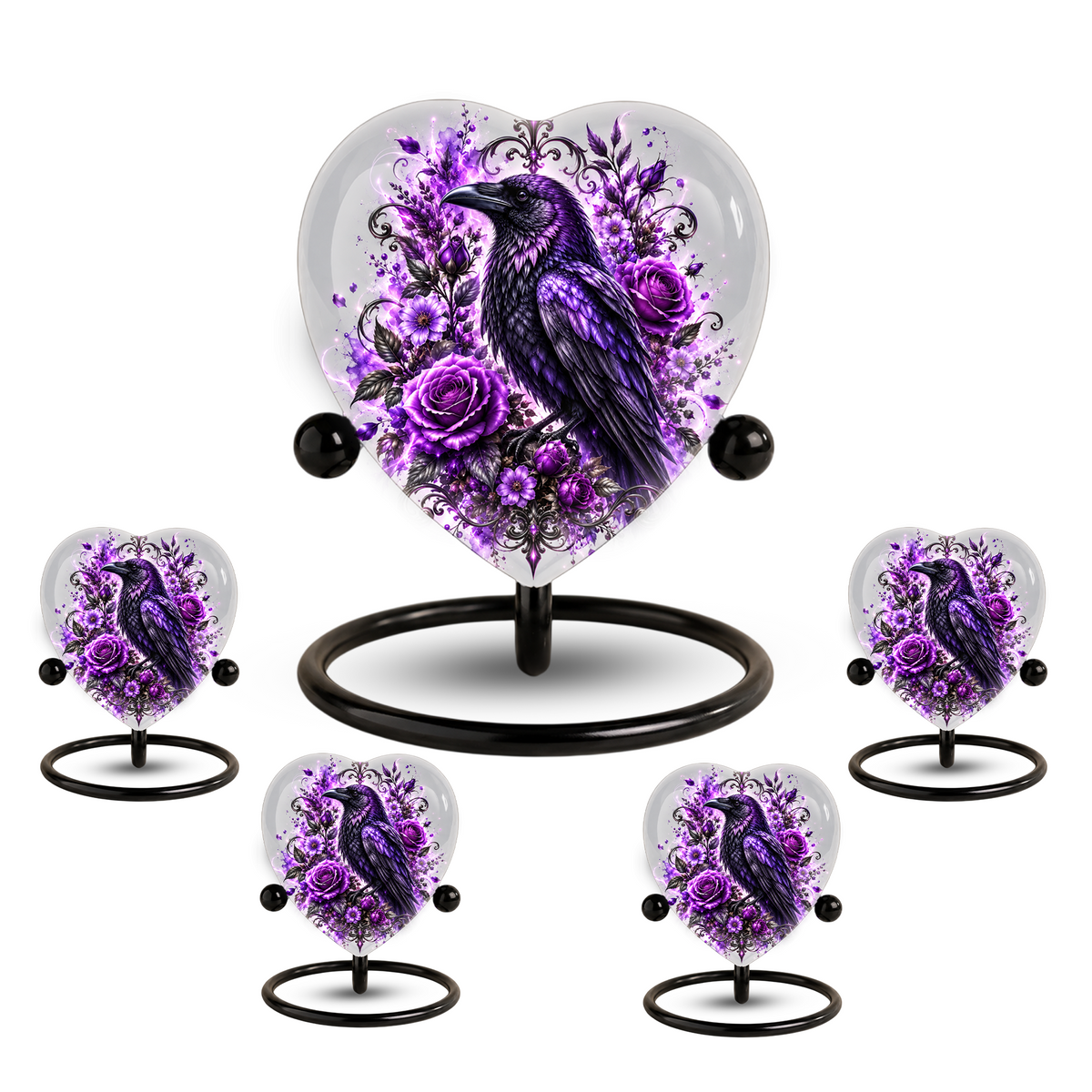 Purple Raven Heart Cremation Urn for Ashes, Crow Memorial Urn, Purple Floral Urn, Raven Urn for Ashes, Personalized Heart Cremation Urn