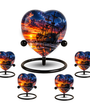 Pirate Ship Heart Cremation Urn for Ashes, Personalized Adult Memorial Urn, Nautical Urn for Men