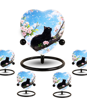 Black Cat Cherry Blossom Heart Memorial Urn – Personalised Cat Urn for Ashes,Cat Memorial Keepsake