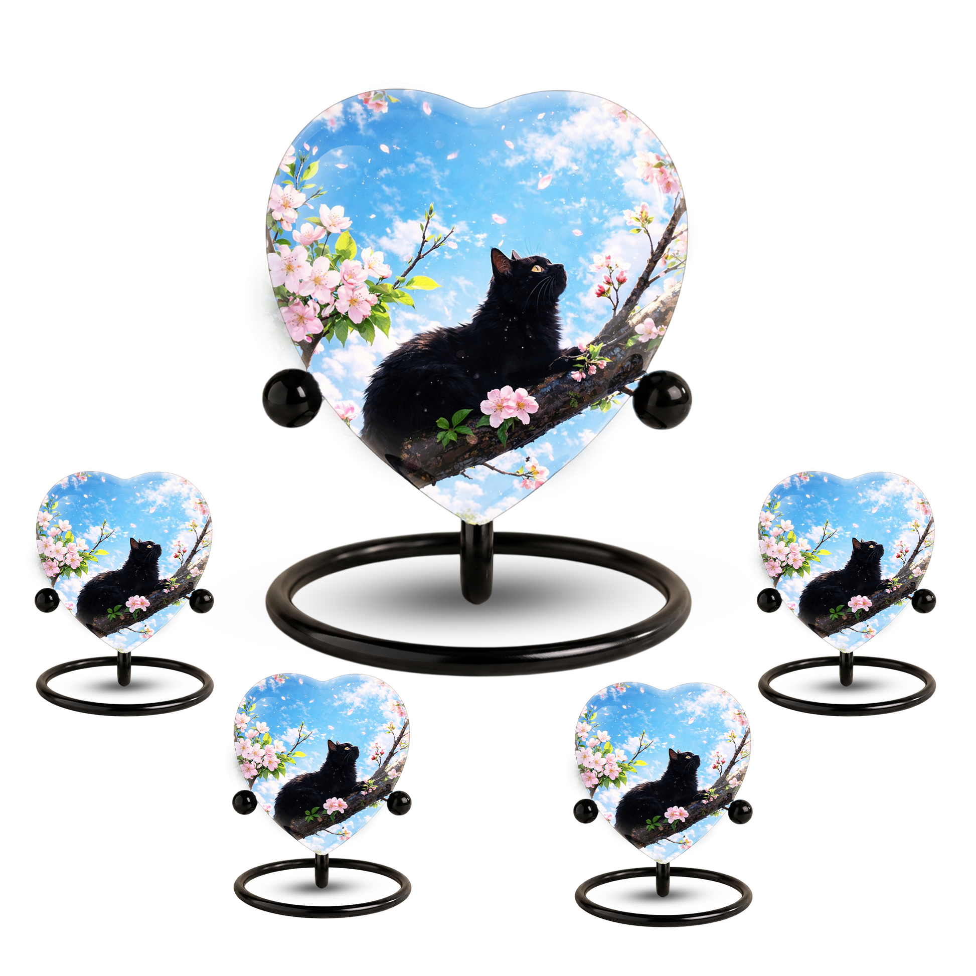 Black Cat Cherry Blossom Heart Memorial Urn – Personalised Cat Urn for Ashes,Cat Memorial Keepsake
