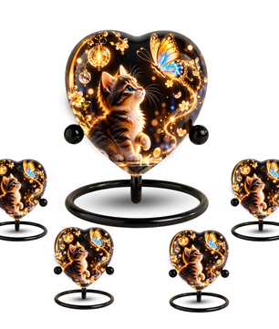 Heart Shaped Cat Urn for Ashes, Kitten and Butterfly Cremation Urn, Personalized Pet Memorial Urn for Human Ashes