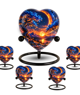 Heart Shaped Moon Urn for Ashes, Celestial Sunset Cremation Urn, Blue Tree and Crescent Moon Memorial Urn