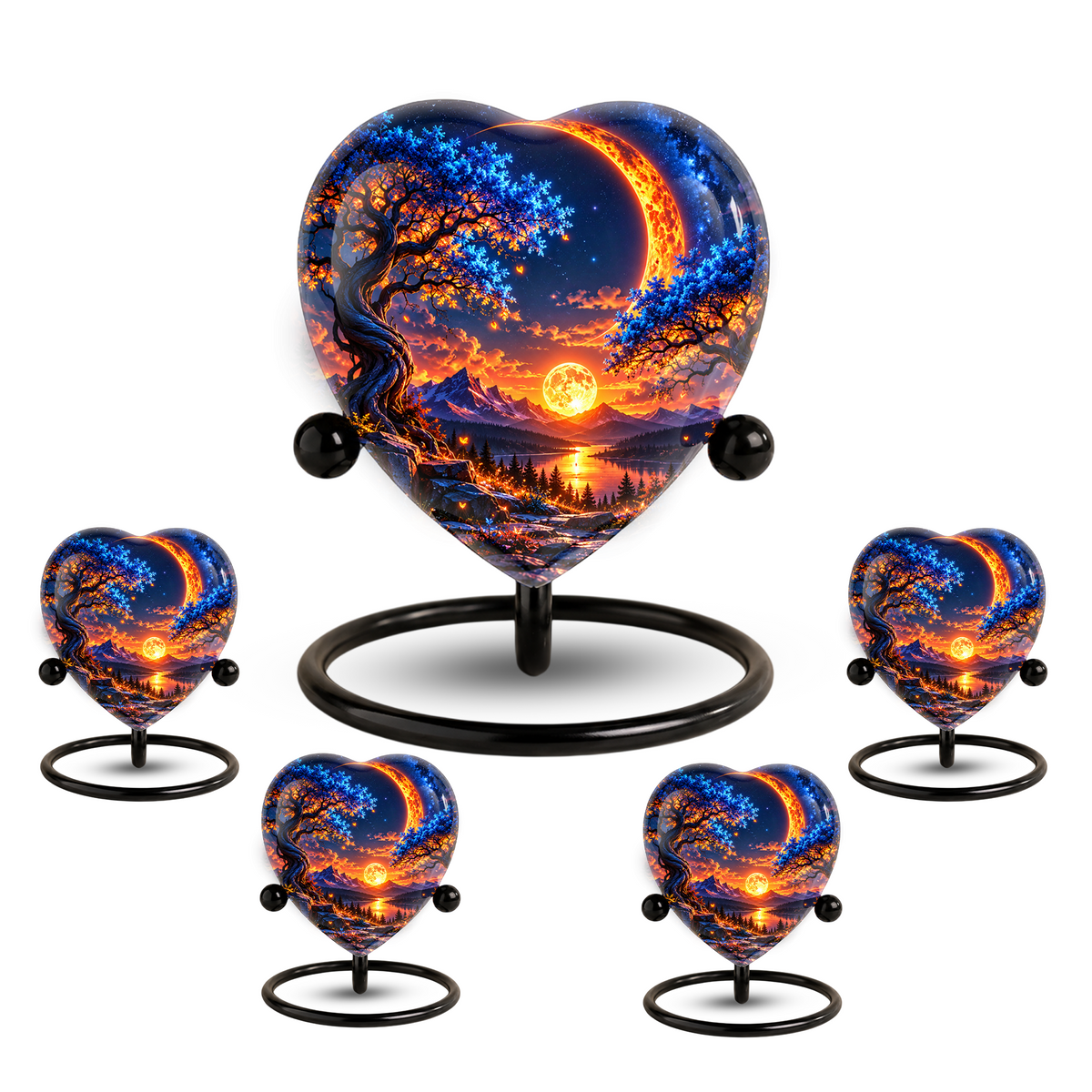 Heart Shaped Moon Urn for Ashes, Celestial Sunset Cremation Urn, Blue Tree and Crescent Moon Memorial Urn