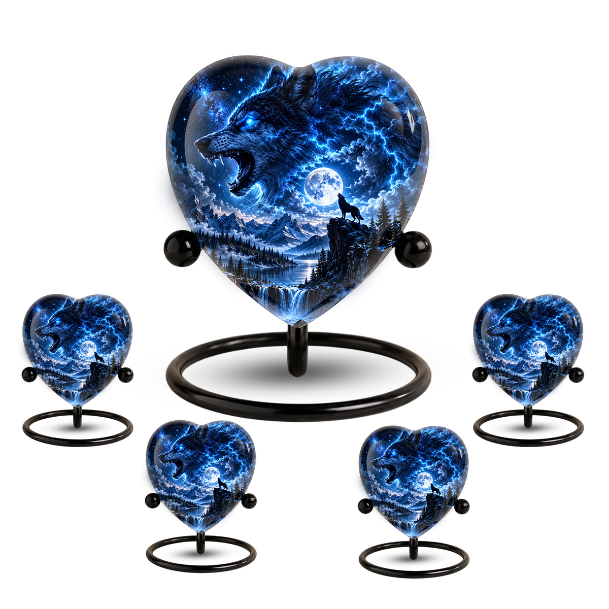 Wolf Adult Urn for Ashes, Blue Lightning Wolf Memorial Urn, Full Moon and Mountain Cremation Urn,