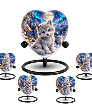 Heart Shaped Wolf Urn for Ashes, White Wolf Puppy Cremation Urn, Northern Lights Pet Memorial Urn