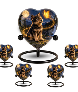 Wolf Memorial Wind Chime – Heart-Shaped Wolf and Butterfly Remembrance Garden Decoration