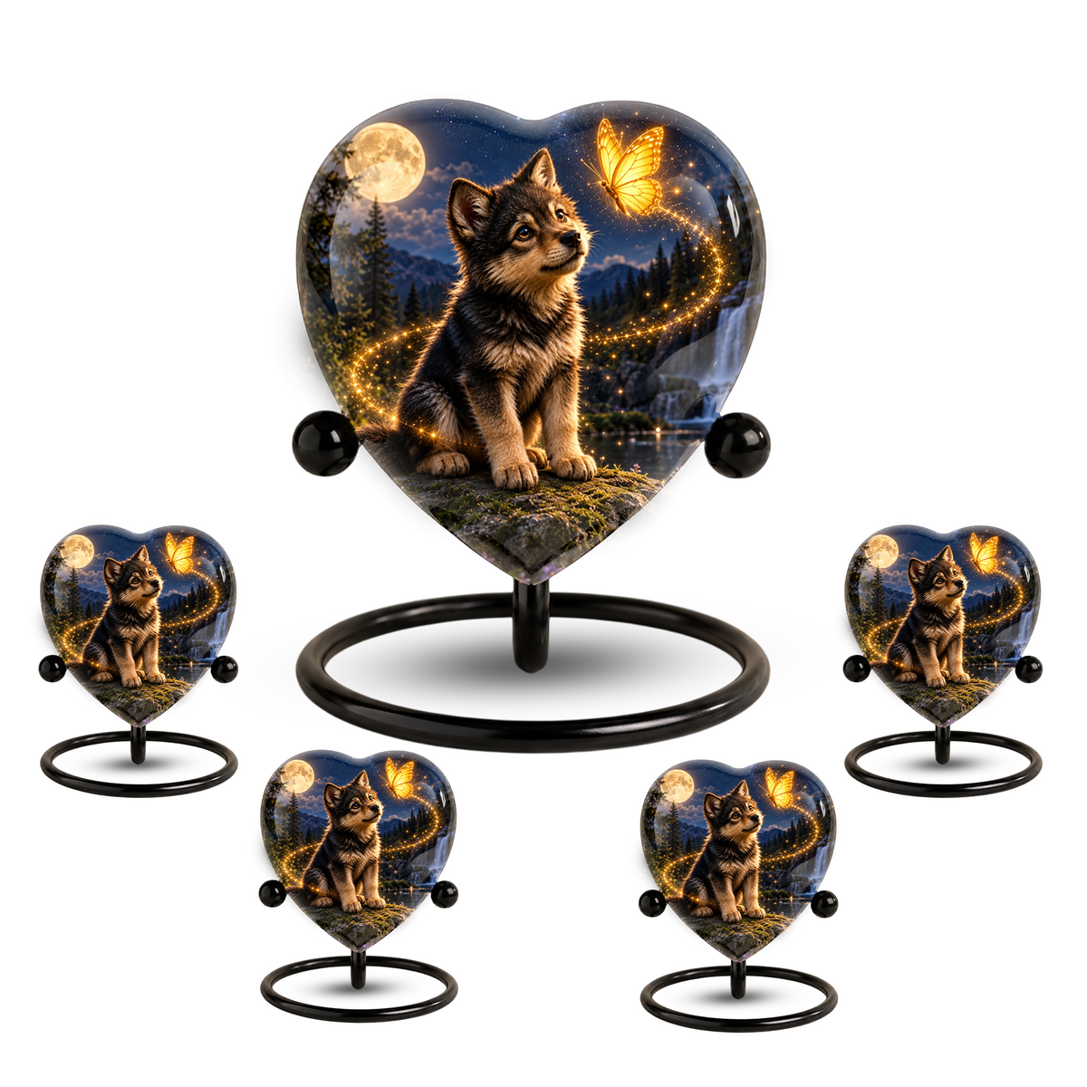 Wolf Memorial Wind Chime – Heart-Shaped Wolf and Butterfly Remembrance Garden Decoration