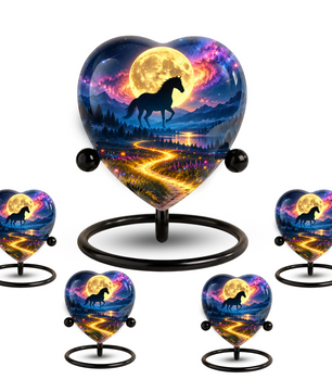 Horse Adult Urn for Ashes, Black Horse and Golden Moon Memorial Urn, Celestial Mountain Cremation Urn